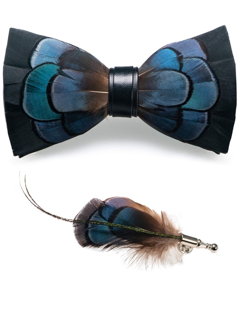 RBOCOTT Blue Feather Pre-tied Bow tie Leather Bowtie and Brooch Sets for Men(3) - Image 1